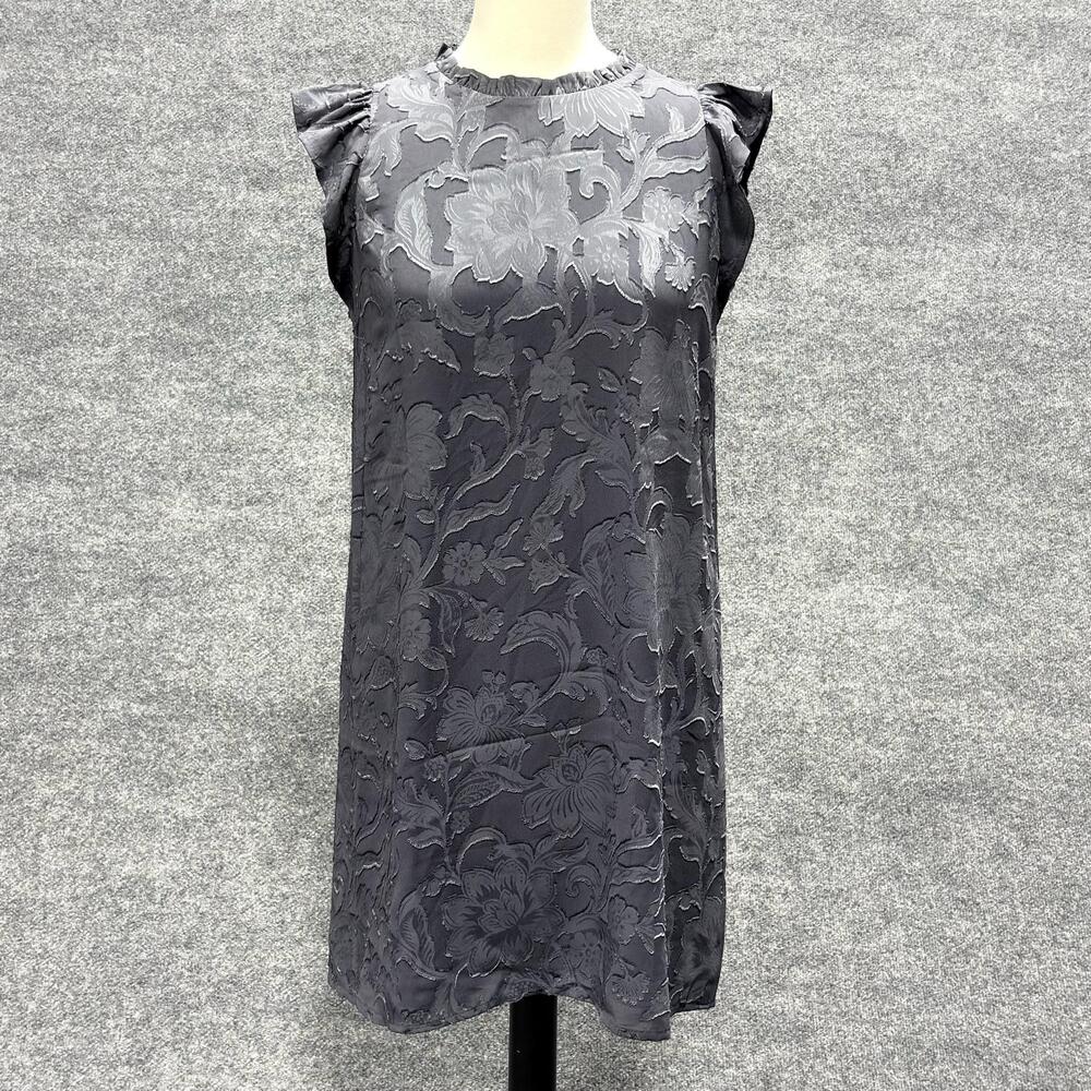 LOFT Dress Womens XS Gray Floral Jacquard Shift Short Flutter Ruffle Sleeve